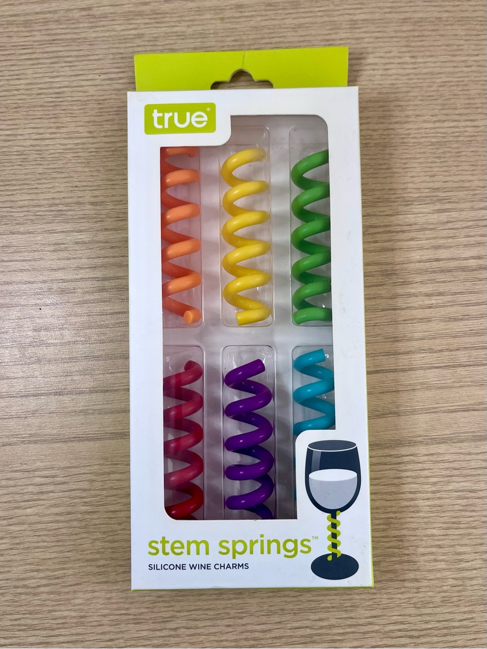 NIB Stem Springs - Silicone Wine Charms Set of 6 Glass Markers Rainbow Colors